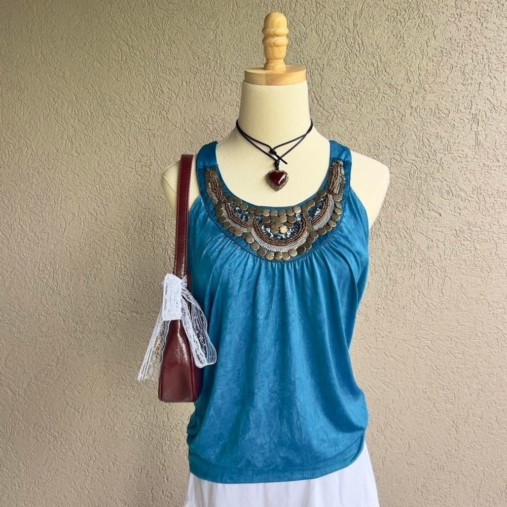 Vintage Y2K Blue Beaded Tank Top Size Medium Boho Hippie Festival